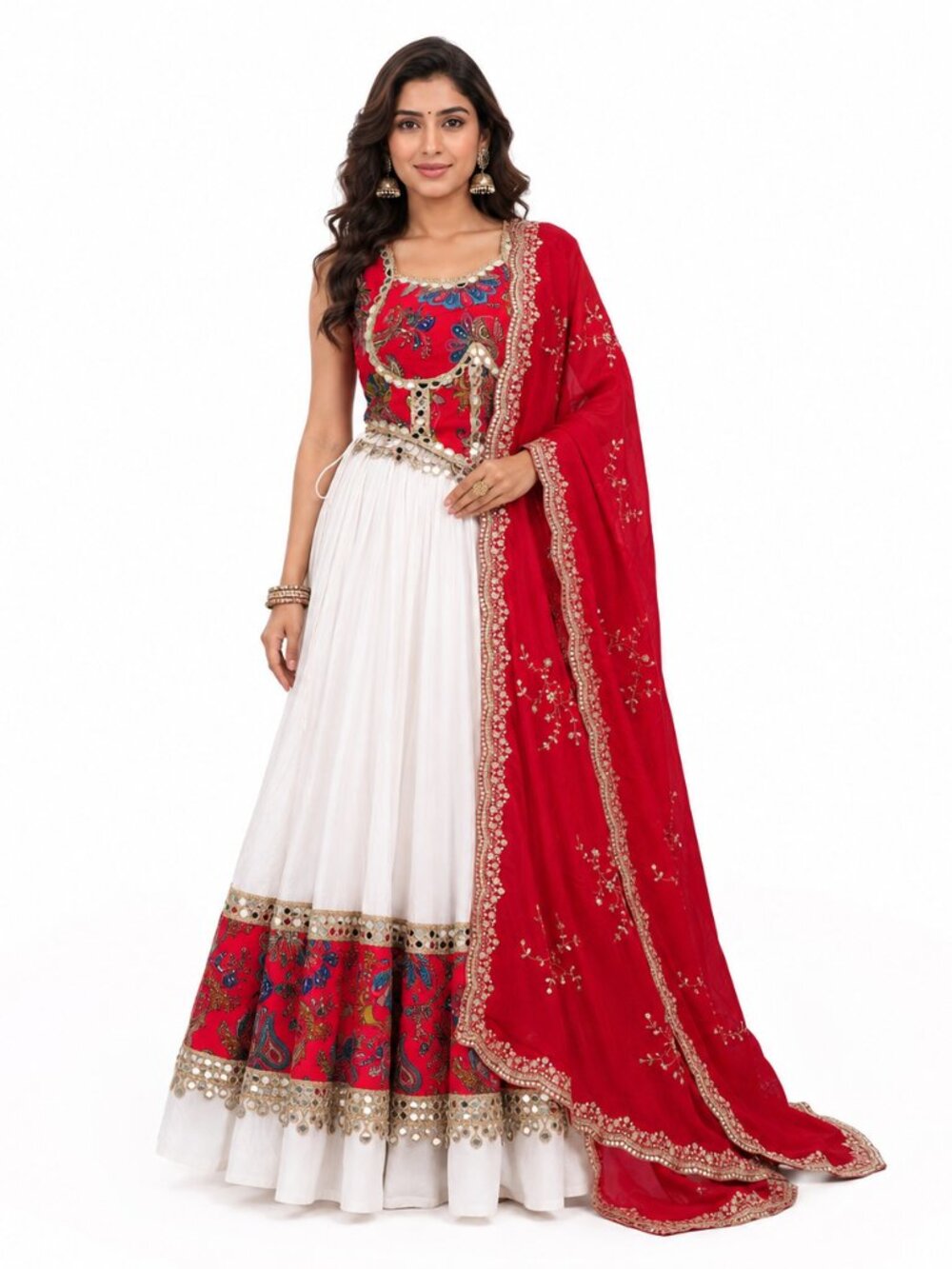 Women’s Navratri Lehenga Choli White Red Garba Dandiya Chaniya Choli